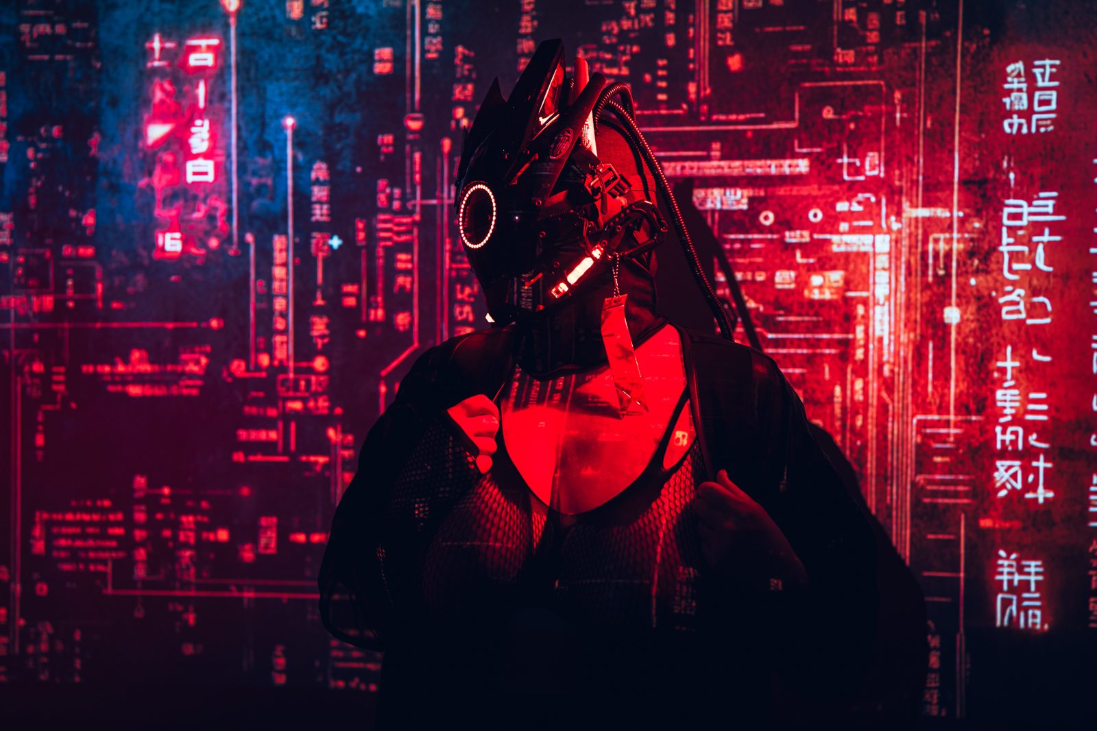 Cyberpunk character portrait reference on a Cobalt moodboard