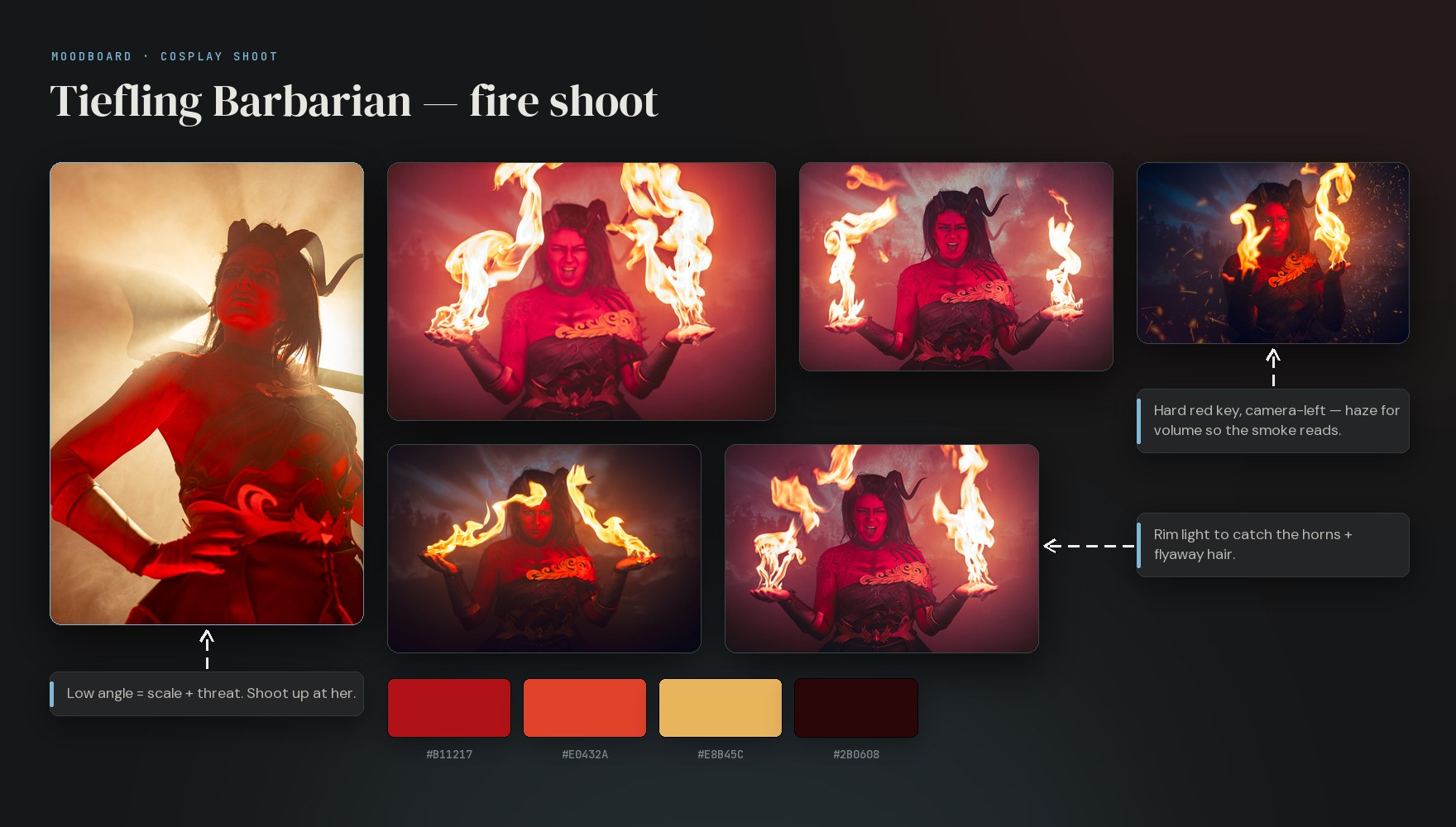 A cosplay shoot moodboard built in Cobalt — tiefling fire shoot with reference photos, lighting notes, connector arrows and a colour palette